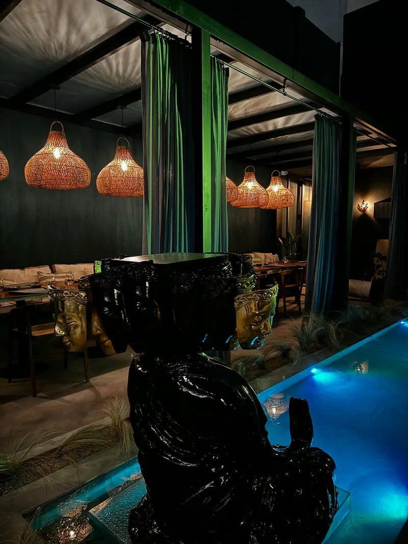 Patio de PAUKA con sillones, plantas, lámparas colgantes y una fuente iluminada en azul.